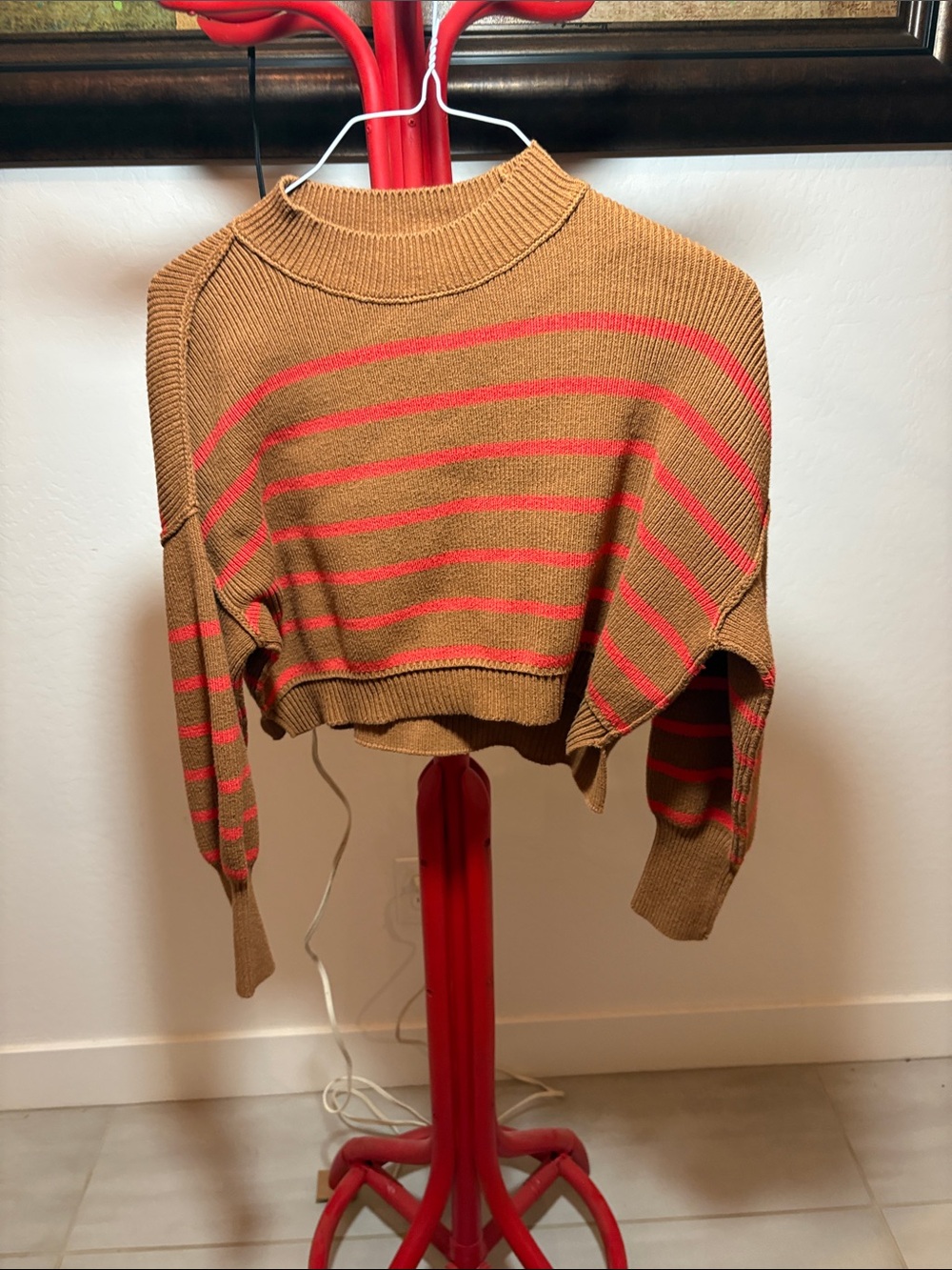 Free People Cropped Turtleneck Sweater in Camel and Pink Stripes